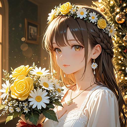 Elegant Girl with Bouquet by Christmas Tree