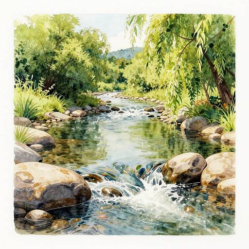 Peaceful River Bend Watercolor