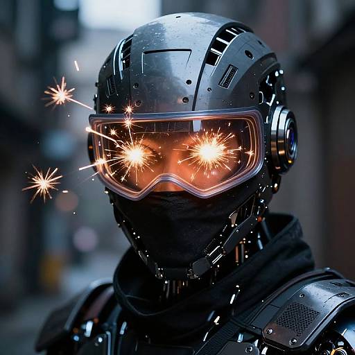 Photograph of a futuristic, armored soldier with glowing orange visor lights, black helmet, and black face mask, set in a blurred urban alley.