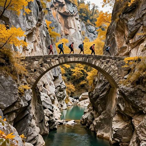 Photograph of five hikers crossing a stone arch bridge over a rocky canyon, surrounded by vibrant autumn trees and a serene turquoise pool below.