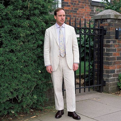 Photograph of a bearded man in a white suit, patterned tie, and black shoes, standing beside a green bush and brick fence.