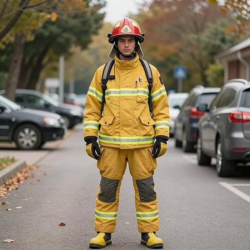 Firefighter in Yellow Protective Gear Standing Outdoors