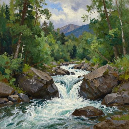 Digital painting of a vibrant forest stream with cascading water over rocky terrain, surrounded by lush green trees and mountains in the background. Signature 