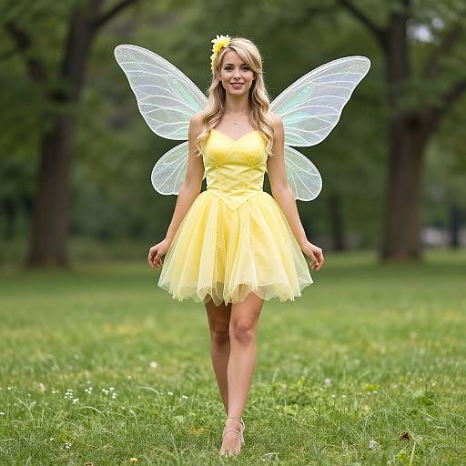 Photograph of a blonde woman in a yellow fairy dress and transparent wings, standing in a lush green park, smiling.