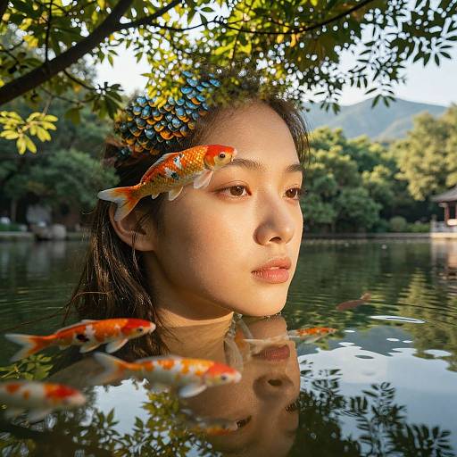 Photograph of an Asian woman with fair skin and black hair, surrounded by vibrant orange and white koi fish in a reflective pond, with lush green