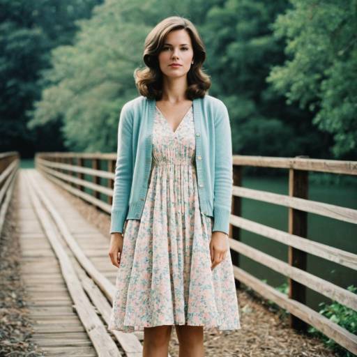 Woman in Pastel Floral Dress and Cardigan on Wooden Bridge