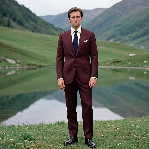Photograph of a serious, dark-haired man in a maroon suit with white shirt and black tie, standing by a serene mountain lake. Lush