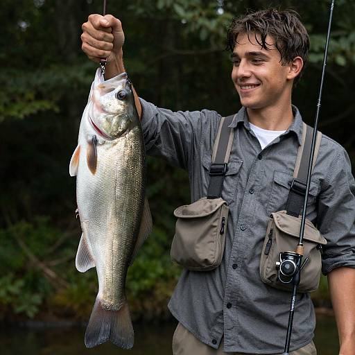 Young Man Fishing in Lush Forest