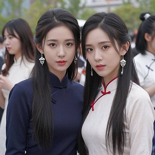 Photograph of two Asian women with long black hair, wearing traditional Chinese attire; one in black, one in white with red trim, standing close together