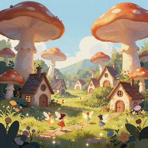 Whimsical digital painting of a fairy-tale village with giant mushrooms, tiny houses, and colorful flowers, lit by sunlight, with fairies playing
