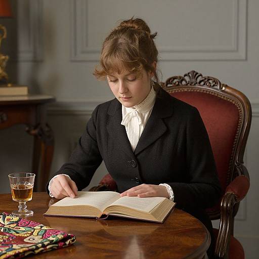 Victorian-era woman in black suit and white collar, reading open book at wooden table, glass of amber liquid, ornate chair.