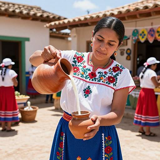 Lechera Pouring Milk in Rustic Village