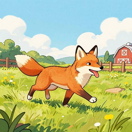 Colorful Cartoon Fox in Sunlit Field