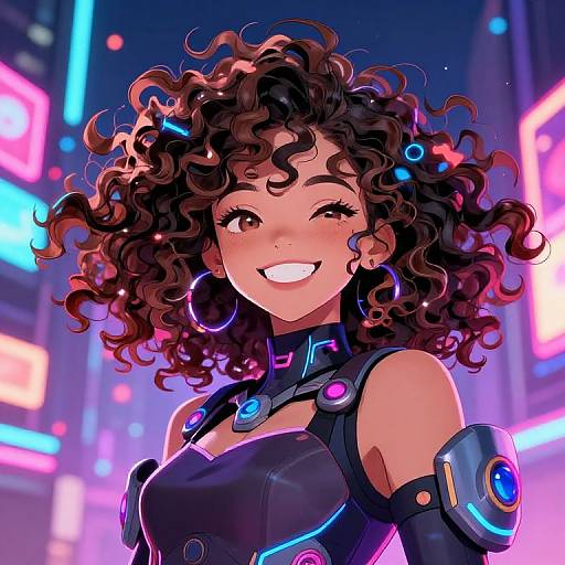 Digital anime-style portrait of a smiling, curly-haired woman with glowing neon lights in a futuristic city background, wearing a sleek, black, cybernetic