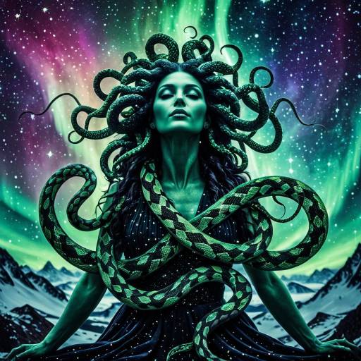 Medusa Under a Glittering Aurora Landscape
