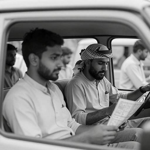 Black and White Image of Two Middle Eastern Men in Vehicle