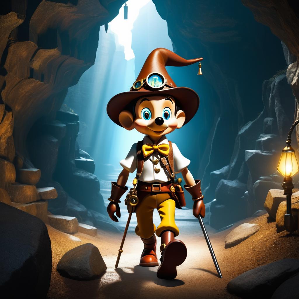 Steampunk Pinocchio in a Mysterious Cave