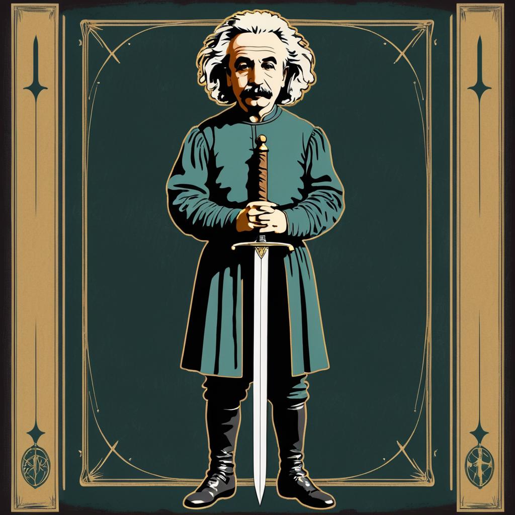 Vintage Tarot Card of Einstein with Sword