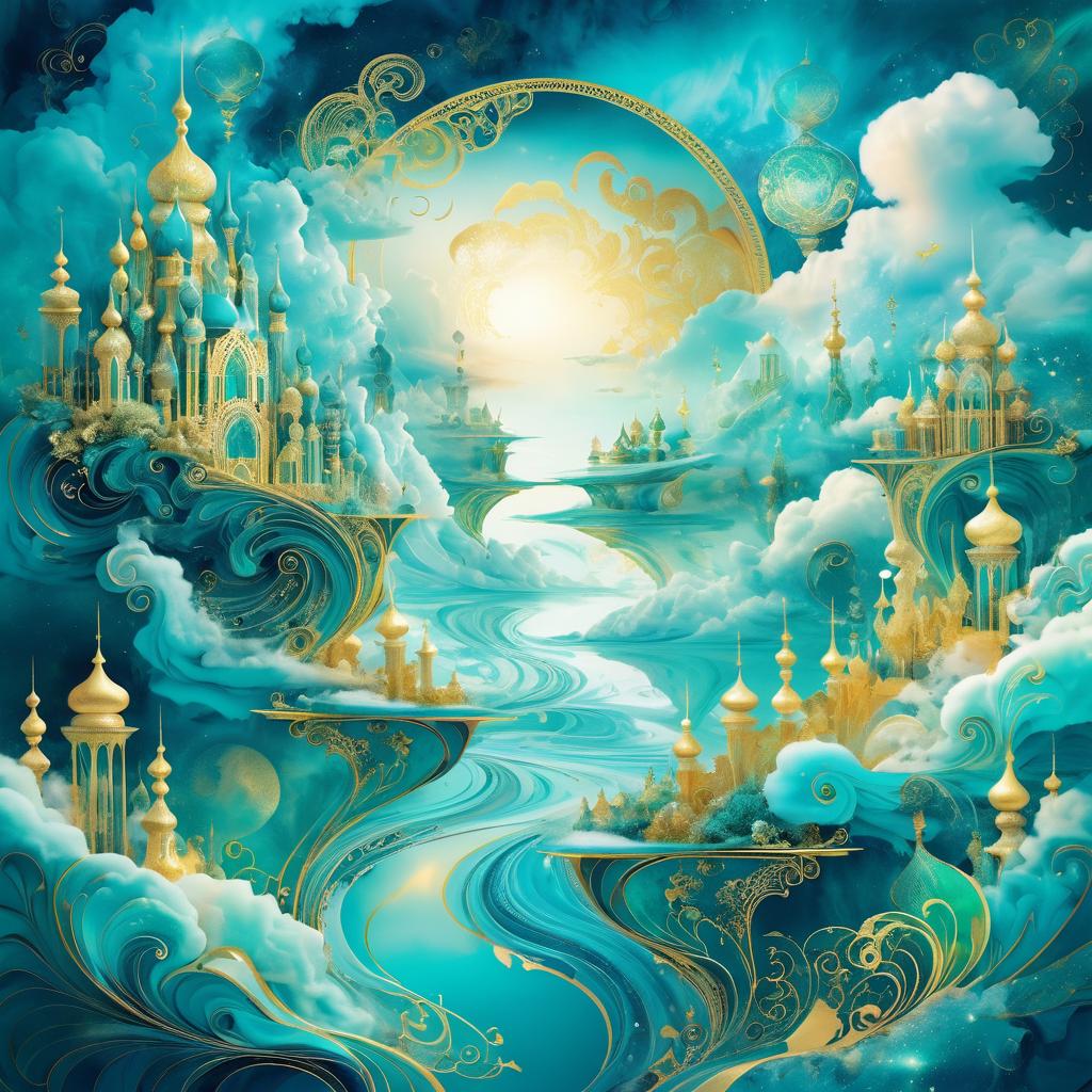 Surreal Cloud World in Teal and Gold