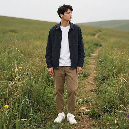 Photograph of a young Asian man with curly black hair, wearing a navy jacket, white t-shirt, beige pants, and white sneakers, standing on