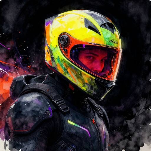 Vibrant, neon-colored motorcycle helmet with rainbow hues, red-tinted visor, and black racing suit, set against a dark, sm