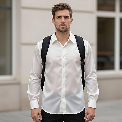 Photograph of a handsome, bearded man with short brown hair, wearing a white dress shirt, black backpack, and black pants, standing outdoors against