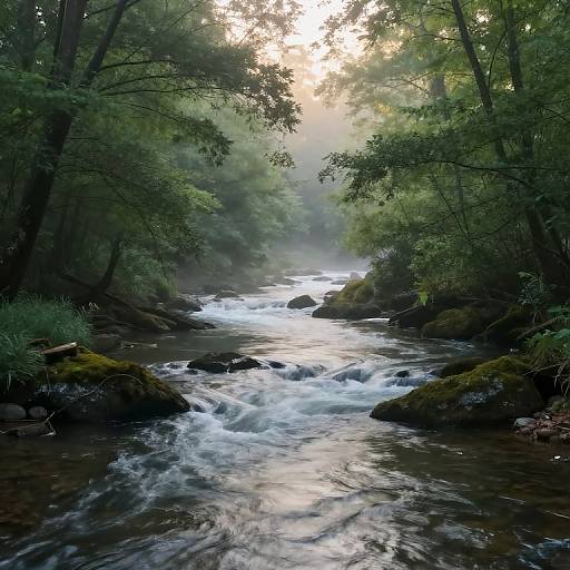 Photograph of a misty, serene forest stream with rushing white water, surrounded by lush green trees and moss-covered rocks. Sunlight filters through the