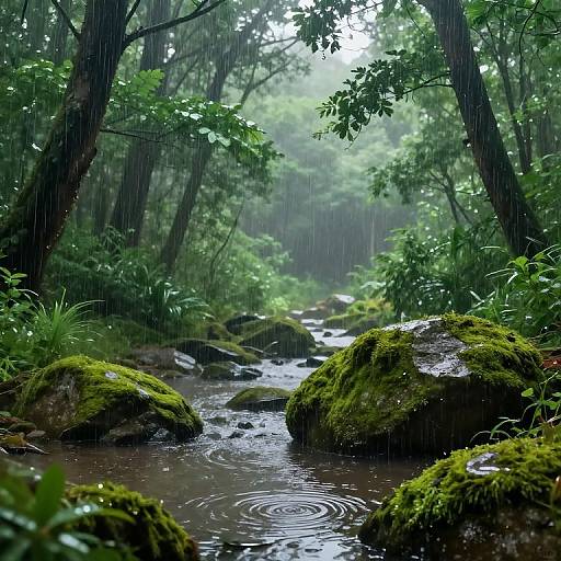 Photograph of a lush, green forest stream with moss-covered rocks, rain falling, and ripples in the water, surrounded by dense foliage and tall