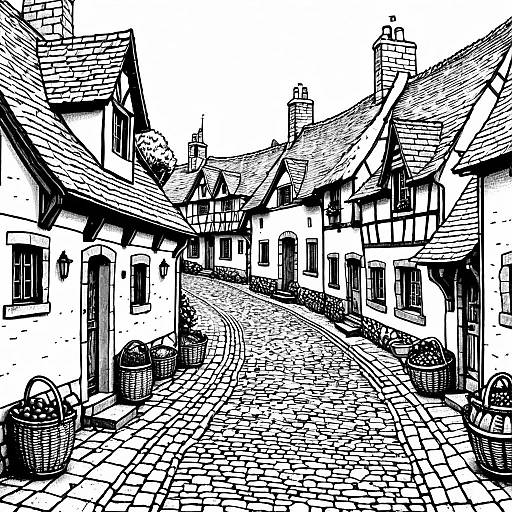 Medieval Village Street Coloring Page