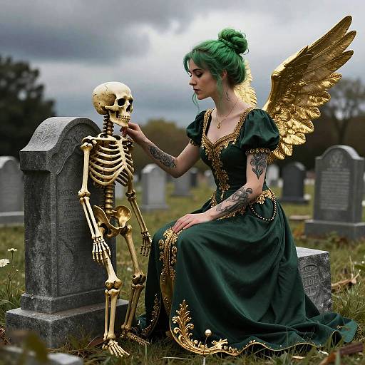 Digital art: Green-haired woman with gold wings, black dress, and tattoos, gently touches a golden skeleton in a cloudy cemetery.
