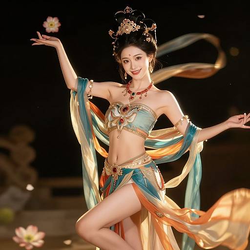 Photorealistic digital art of an elegant Asian dancer in a teal and gold bikini top, matching skirt, and flowing ribbons, adorned with jewelry,
