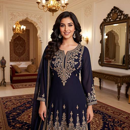 Photograph of a smiling South Asian woman with long black hair, wearing an ornate black kurta with gold embroidery, standing in an opulent,