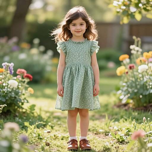 Photograph of a young girl with wavy brown hair, wearing a light green polka dot dress and brown shoes, standing in a sunlit garden