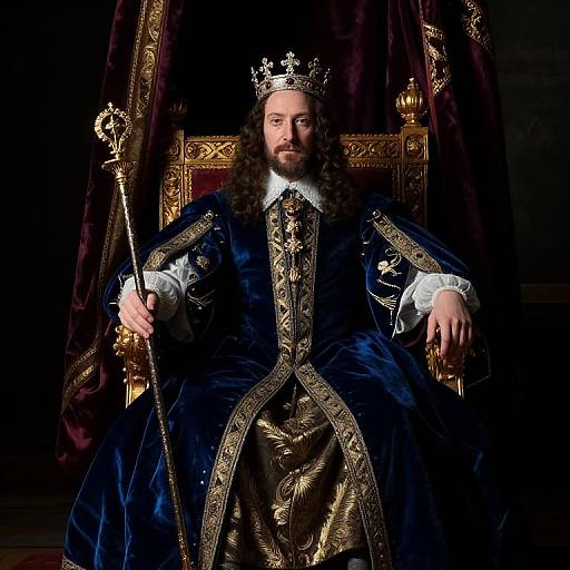Photograph of a regal, long-haired king in a dark blue velvet robe with gold trim, crown, holding a scepter, seated on an
