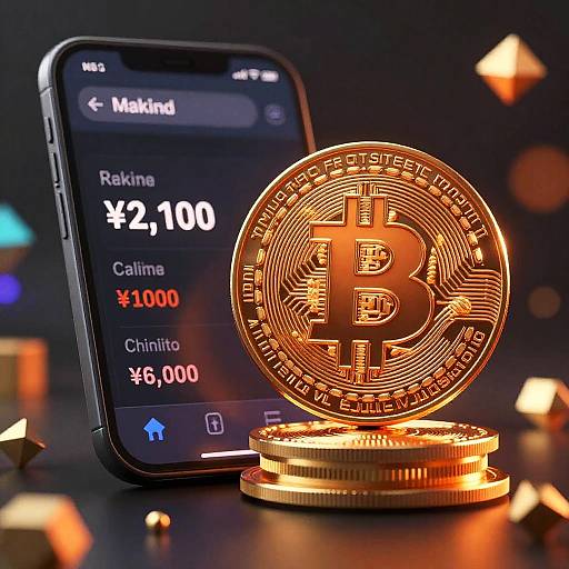 Photograph: Glowing Bitcoin coin stack in front of a smartphone displaying 