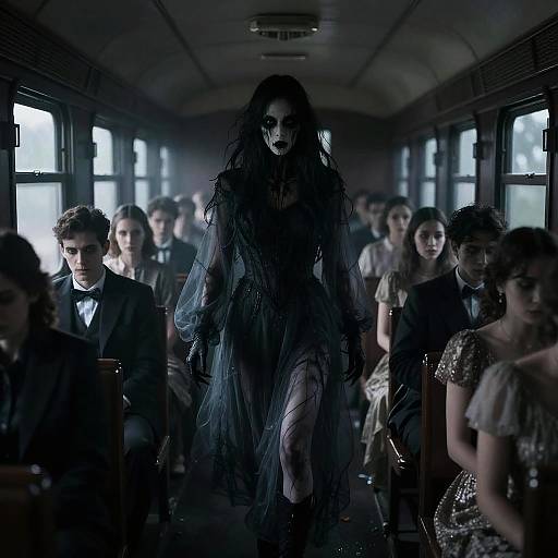 Photograph of a mysterious, shadowy figure in a tattered, black dress, walking down the dimly lit aisle of a train carriage filled with
