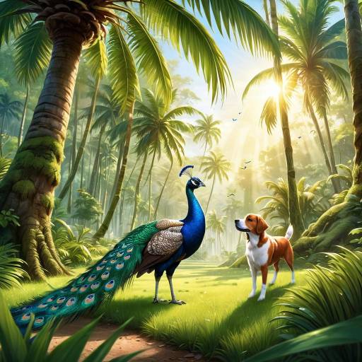 Peacock and Dog in Tropical Forest