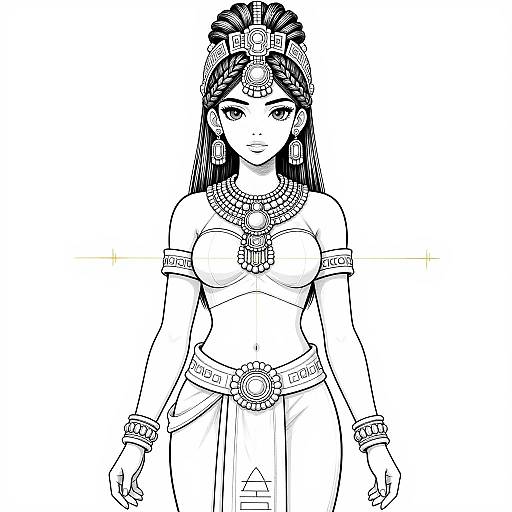 Black-and-white line drawing of a young woman in traditional Indian attire, adorned with jewelry, headpiece, and necklace, standing confidently.