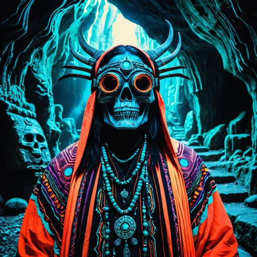 Mystical Shaman in Neon Robes with Tribal Skull Mask Mystical Shaman in Neon Robes with Tribal Skull Mask