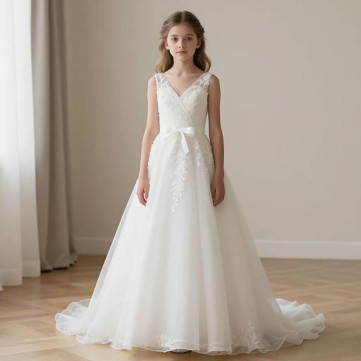 Photograph of a young girl with light brown hair wearing a sleeveless, white lace-trimmed wedding-style dress, standing in a bright, minimal