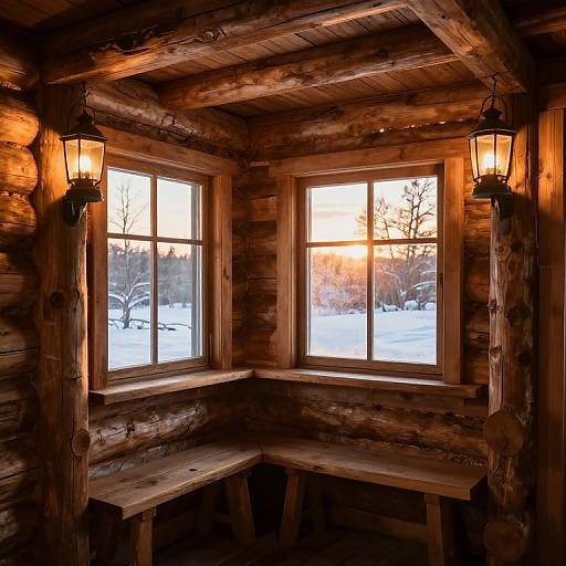 Photograph of a rustic wooden cabin corner with two windows, warm lanterns, and a snowy sunset view outside.