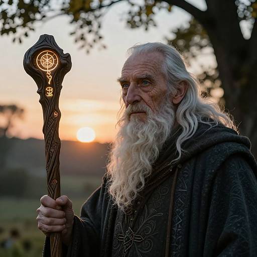 Photograph of an elderly, white-haired wizard with a long beard holding a glowing, ornate staff at sunset, wearing a dark, textured robe.
