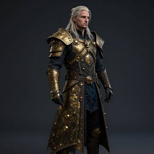 Photorealistic digital artwork of a stern, silver-haired man in ornate, gold-embellished black armor against a dark gradient background.