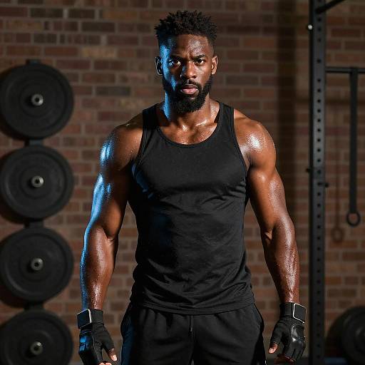 Muscular Black man with short curly hair, beard, and sweat-glistening skin wears black tank top and gloves, standing in gym with brick wall and