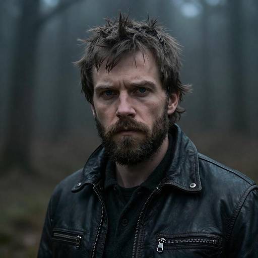 Intense Man in Dim Foggy Forest