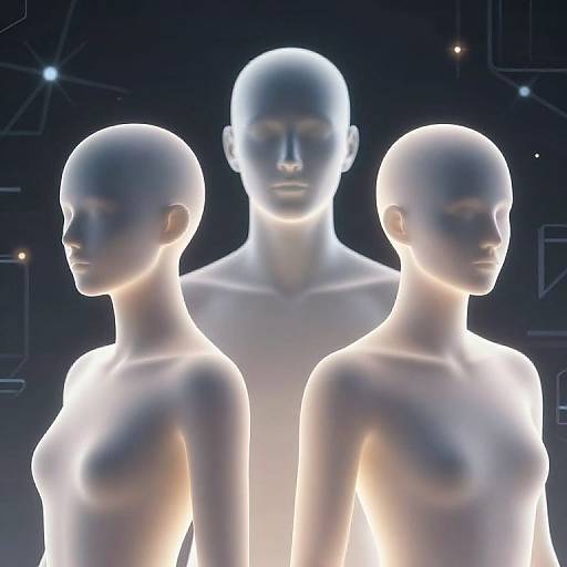 Digital CGI image of three glowing, translucent, bald, androgynous human figures with small breasts, standing against a dark, starry background.