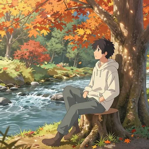 Anime Boy Relaxing by River in Autumn