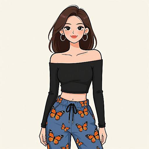 Digital anime-style drawing of a smiling woman with long brown hair, wearing a black off-shoulder crop top and blue pants with orange butterfly prints,