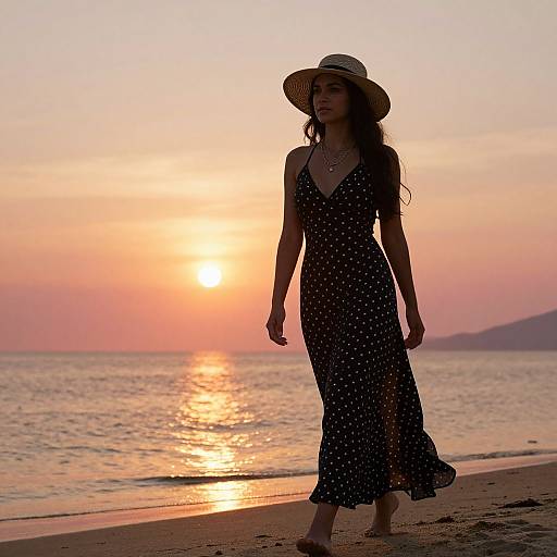 Silhouetted woman in a black polka dot dress and wide-brimmed hat walks on a beach at sunset, with the sun reflecting on