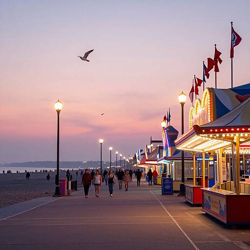 Photograph of a vibrant beach boardwalk at sunset, with brightly lit shops, flags, lamp posts, people walking, and a pink-purple sky.